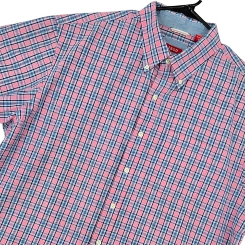 IZOD Mens XL Saltwater Short Sleeve Button Down Shirt Pink Blue Plaid Coastal
